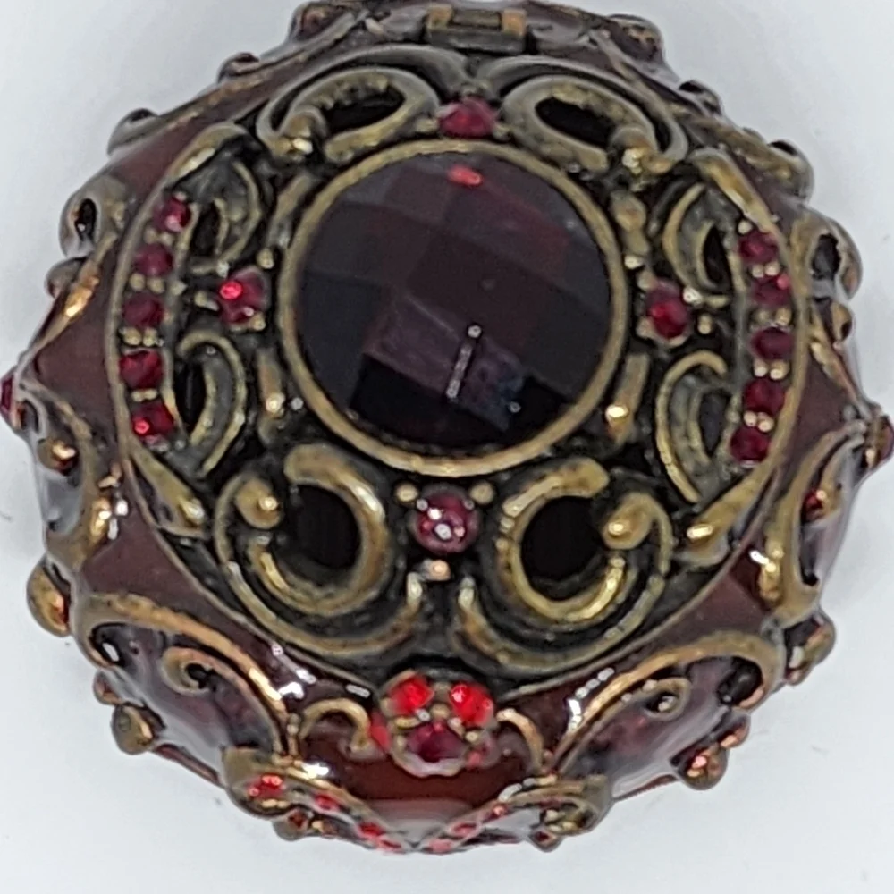 ENAMELED TRINKET BOX JULY BIRTHSTONE Red Faux Garnet Ruby Scroll Copper Toned